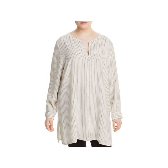 EILEEN FISHER Womens Beige Striped Cuffed Sleeve Crew Neck Tunic Top Plus 1X